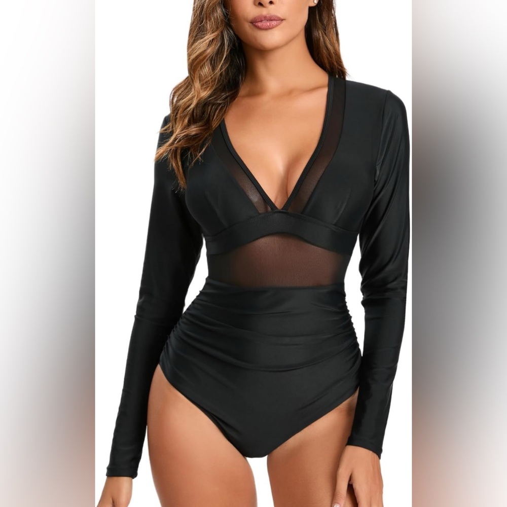 Chic Black Mesh Long Sleeve Swimsuit